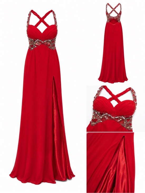 Dresses & Skirts - Elegant Red Beaded Crossback Evening Gown